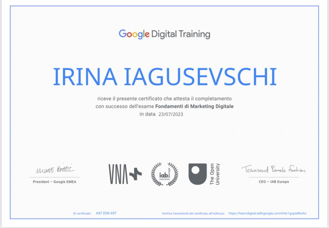 Certificazione Google — Fondamenti di Marketing Digitale — Irina Iagusevschi