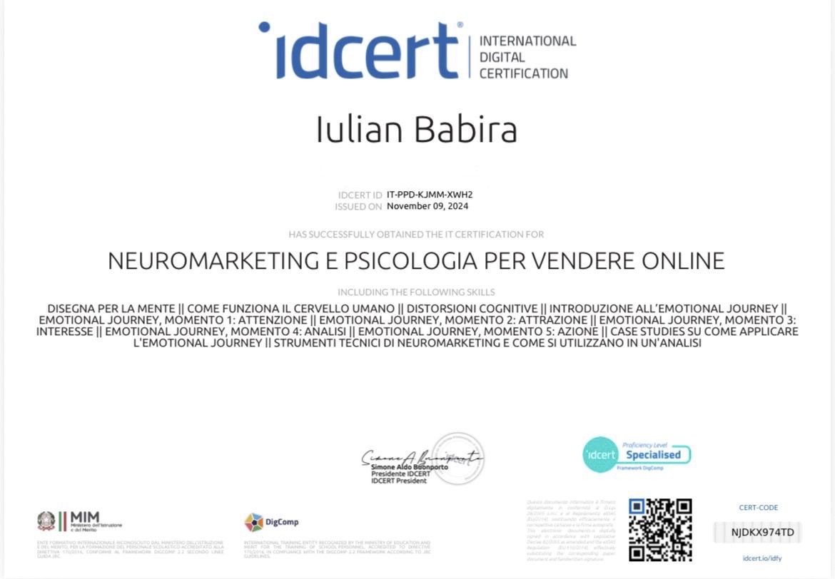 Certificato iDCERT Neuromarketing — Iulian Babira