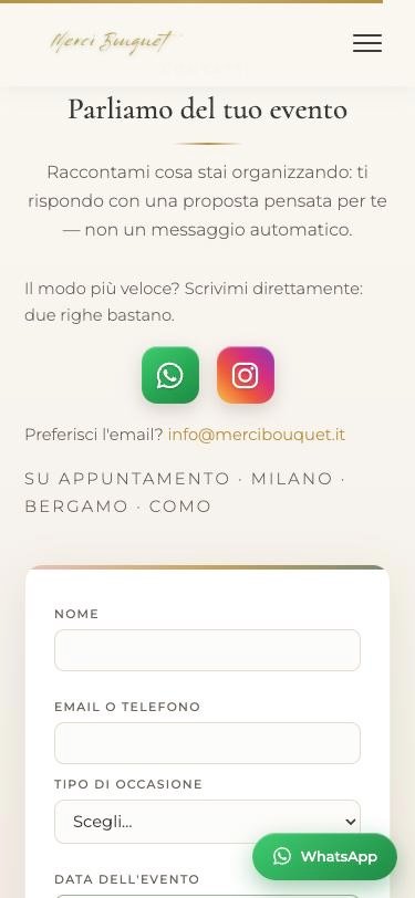 Il modulo di contatto di Merci Bouquet visto da smartphone